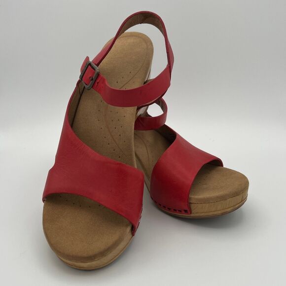 Dansko Shoes - Dansko Tasha Red Leather block heels wedge buckle cross over strap Dansko